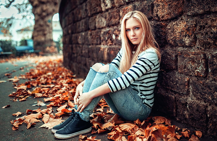 모델, Eva Mikulski, 금발, 파란 눈, 소녀, 잎, 모델, 여자, HD 배경 화면