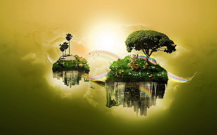 Float-Inseln, Himmel, Bäume, Gras, Hirsch, Regenbogen, kreatives Design, Float, Inseln, Himmel, Bäume, Gras, Hirsch, Regenbogen, kreatives Design, HD-Hintergrundbild