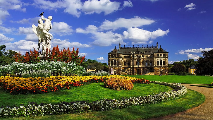architettura, costruzione, vo edificio, nuvole, Dresda, Germania, castello, scultura, uccelli, erba, parco, fiori, antico, giardino, alberi, casa, Sfondo HD