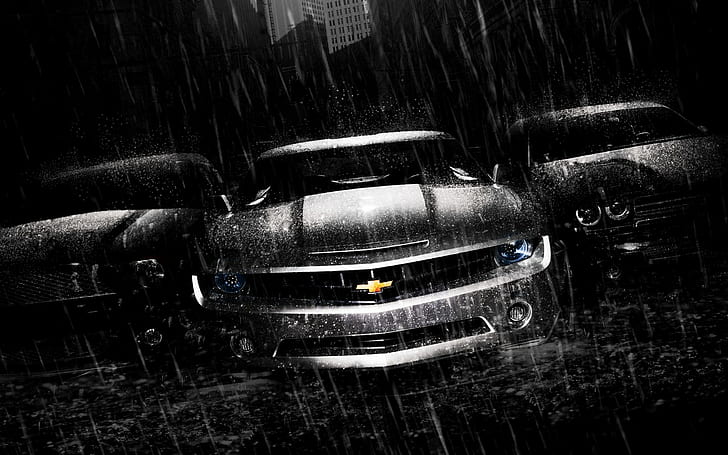 シボレーカマロダッジチャレンジャーフォードマスタング雨HD、車、フォード、シボレー、マスタング、雨、カマロ、ダッジ、チャレンジャー、 HDデスクトップの壁紙