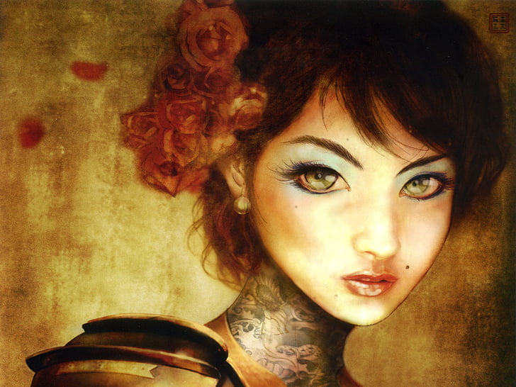 Artistic, Fantasy, Girl, Green Eyes, Tattoo, Woman, HD wallpaper