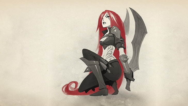 빨간 머리 여성 애니메이션 캐릭터 보유 칼 그림, 리그 오브 레전드, 카타리나 (전설의 리그), 검객, HD 배경 화면