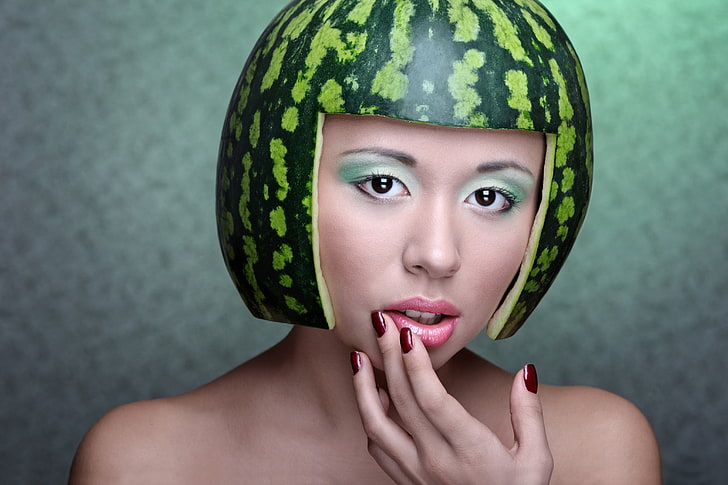 women, model, makeup, melons, funny hats, HD wallpaper