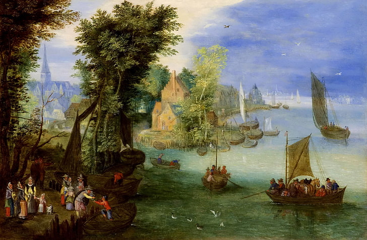 łódź, obraz, żagiel, Krajobraz rzeczny, Jan Brueghel młodszy, Tapety HD