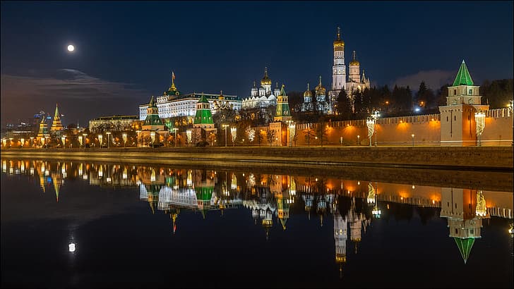 noc, odbicie, rzeka, Moskwa, wieża, Rosja, promenada, świątynie, rzeka Moskwy, mur Kremla, katedra Archanioła, dzwonnica Iwana Wielkiego, Kreml moskiewski, Wielki Pałac Kremlowski, Nabrzeże Kremla, Tapety HD