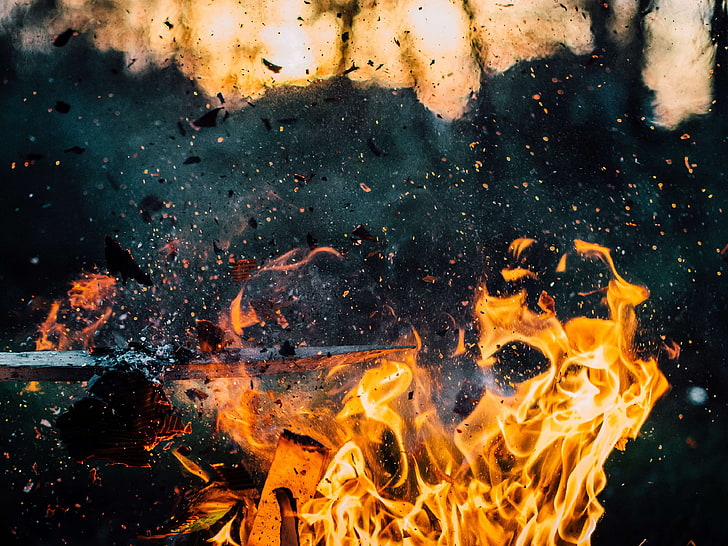 blaze, ember, explosion, fire, flame, flaming, hot, paper, particles, smoke, stick, wood, HD wallpaper