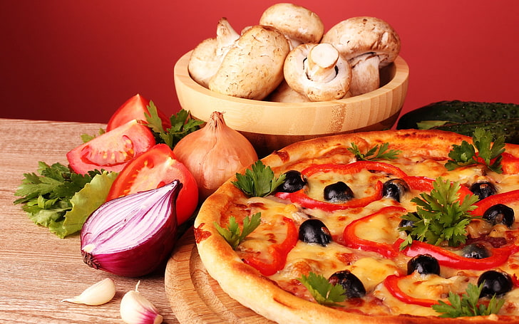 pizza, pizza, vegetables, food, tasty, HD wallpaper