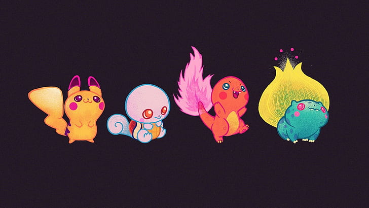 Cute baby Pokemon, ilustracja 4 postaci pokemonów, artystyczna, 1920x1080, bulbasaur, pokemon, pikachu, squirtle, charmander, Tapety HD