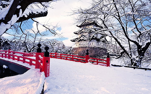 Япония, префектура Аомори, Хиросаки, зимен сняг, мост, замък, ледени дървета, Япония, Аомори, префектура, Хиросаки, зима, сняг, мост, лед, дървета, HD тапет HD wallpaper