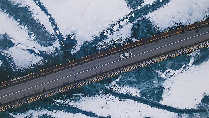 Landschaft, Brücke, Schnee, gefrorener Fluss, HD-Hintergrundbild