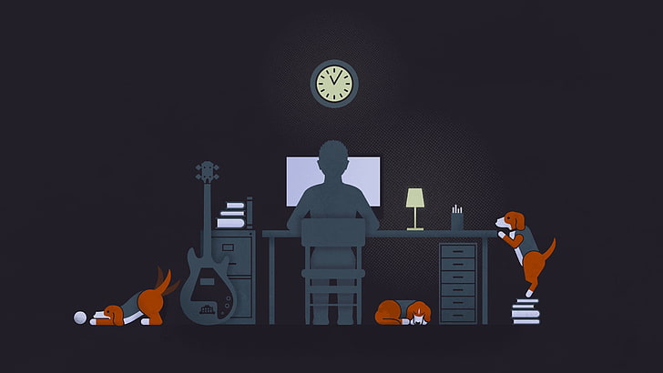 person sitting on computer desk with three beagles illustration, illustration of person infront of computer near guitar and three puppies, simple, desk, clocks, books, guitar, dog, computer, minimalism, night, studying, students, motivational, work, artwork, HD wallpaper