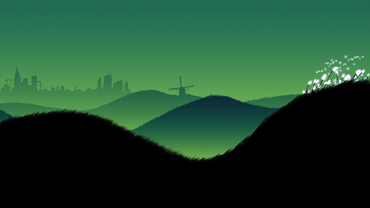 green, nature, sky, mill, tree, grass, hill, silhouette, landscape, minimalist, minimalism, HD wallpaper