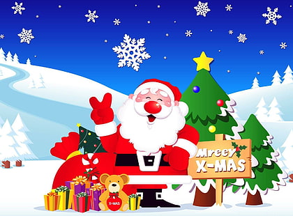 santa claus, gifts, christmas trees, snowflakes, road, santa claus, gifts, christmas trees, snowflakes, road, HD wallpaper HD wallpaper