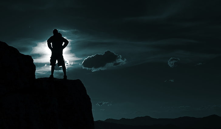 silhouette man on edge photo, male, top, silhouette, sky, clouds, HD wallpaper