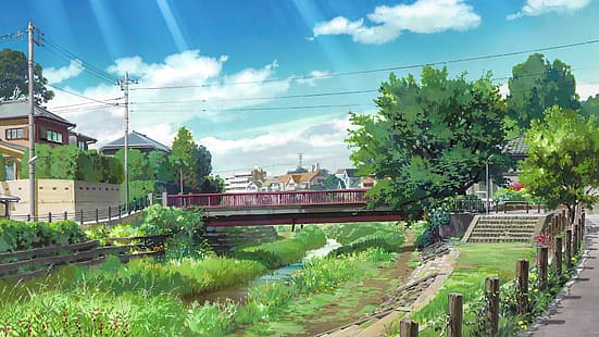 Kari-gurashi no Arietti, films d'animation, anime, animation, Studio Ghibli, photos de film, ciel, nuages, arbres, pont, maison, poteau électrique, herbe, Fond d'écran HD HD wallpaper
