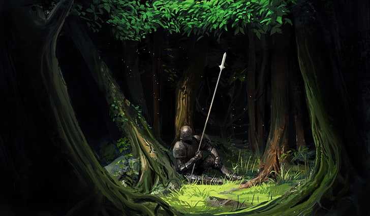 knight armour wallpaper, artwork, fantasy art, trees, forest, knight, armor, spear, HD wallpaper