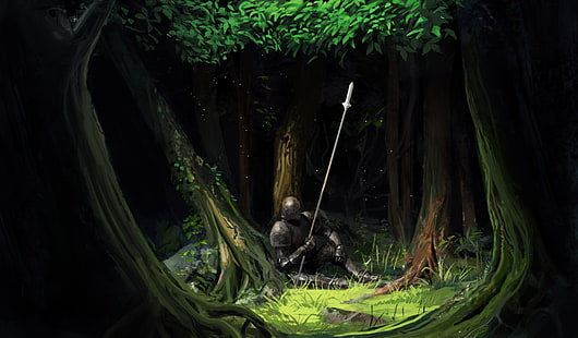 knight armour wallpaper, artwork, fantasy art, trees, forest, knight, armor, spear, HD wallpaper HD wallpaper