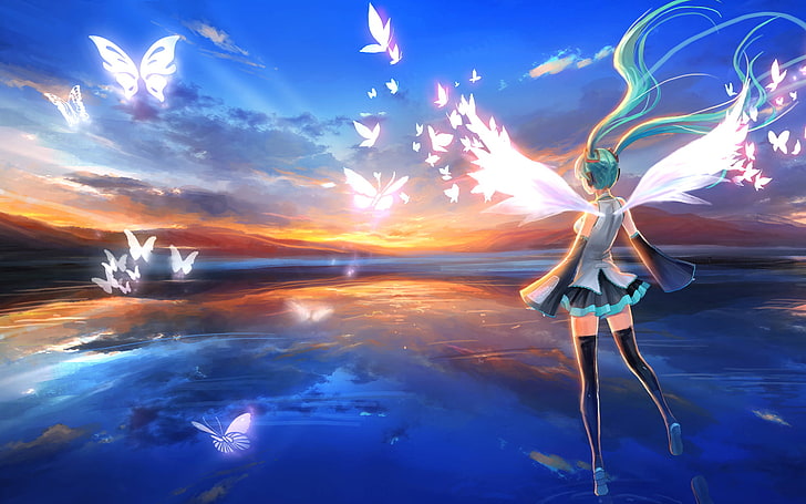 Beautiful Anime Girl And Butterfly, разноцветные девушки, аниме-персонажи, цифровые обои, Anime / Animated,, девушка, бабочки, аниме, крылья, HD обои