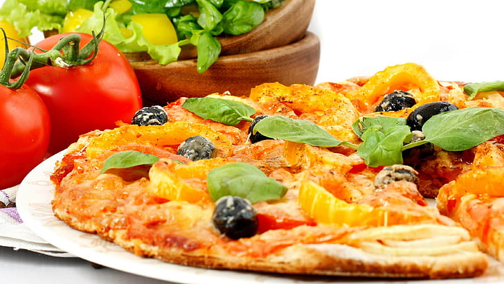 pizza, cibo, pomodori, olive, verdure, Sfondo HD