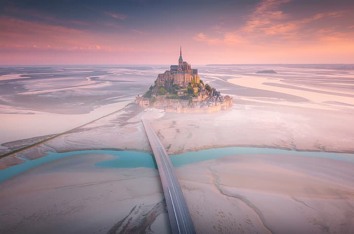 Mont Saint-Michel, Frankrike, flygfoto, landskap, Abbey, gata, HD tapet