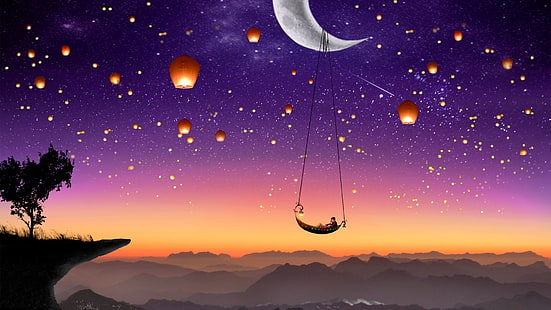 sky, fairy tale, dream, good night, night, moon, art, artwork, sky lantern, wish lantern, sky lanterns, crescent, wish lanterns, kongming lantern, lanterns, chinese lantern, HD wallpaper HD wallpaper