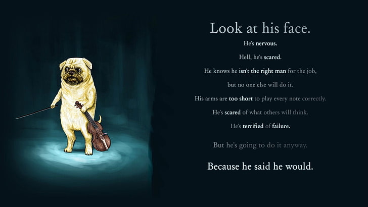 иллюстрация мопса взрослого оленя с оверлеем текста, собака, мопс, время приключений, HD обои