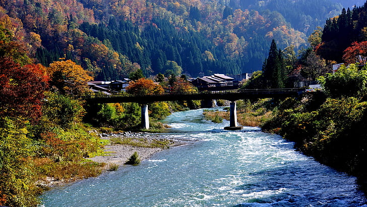 Shirakawa-go, Japón, pueblo, río, puente, montaña, árboles, Japón, Aldea, río, puente, montaña, árboles, Shirakawago, Fondo de pantalla HD