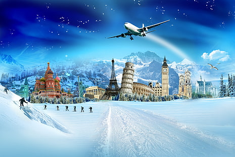 Zabytki tapeta, zima, śnieg, ptaki, wieża Eiffla, Kreml, narciarze, Koloseum, drzewo, Krzywa Wieża w Pizie, Pałac Buckingham, Tapety HD HD wallpaper