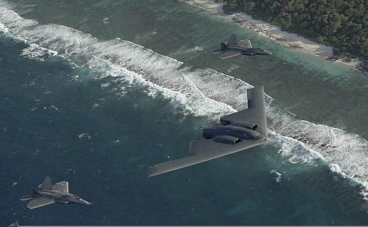 black stealth bomber and two black fighter jets, pacific ocean, two f22, b-2, HD wallpaper