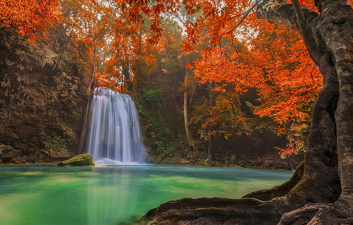 иллюстрация водопадов, водопад, пруд, деревья, Таиланд, природа, HD обои