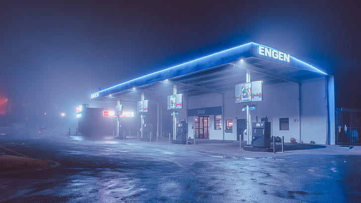 Бензиностанция, нощ, улица, дълго изложение, улично осветление, HD тапет