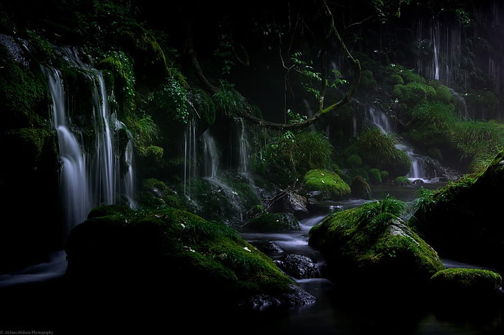 vattenfall, landskap, natur, Akihiro Shibata, vatten, växter, löv, HD tapet