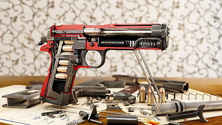 pistol semi-otomatis merah dan abu-abu, M1911, senjata, senjata, amunisi, peluru, teknologi, World of Guns: Gun Disassembly, Wallpaper HD