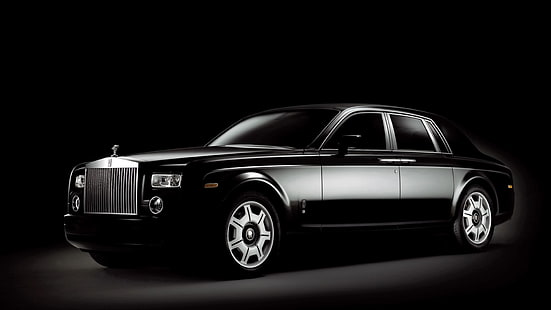 czarny sedan, Rolls-Royce, Rolls-Royce Phantom, pojazd, czarne samochody, czarne tło, Tapety HD HD wallpaper