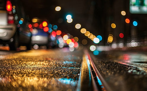 Фотография, покадровой, боке, свет, макро, ночь, дождь, дорога, HD обои HD wallpaper