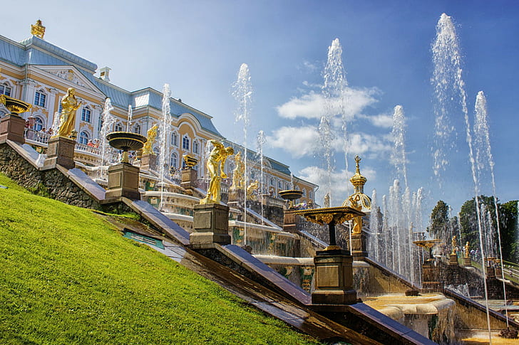 Fuentes, palacio, Peterhof, fuentes, palacio, Peterhof, Rusia, San Petersburgo, arquitectura, cascada, paisaje, verano, Fondo de pantalla HD