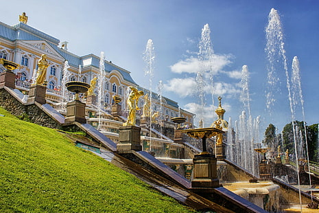 噴水、宮殿、ペテルゴフ、噴水、宮殿、ペテルゴフ、ロシア、サンクトペテルブルク、建築、カスケード、風景、夏、 HDデスクトップの壁紙 HD wallpaper