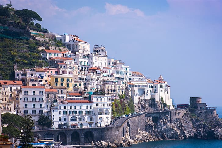 city, house, road, sea, landscape, Italy, Campania, Amalfi, coast, nature, rocks, building, cityscape, church, cliff, HD wallpaper
