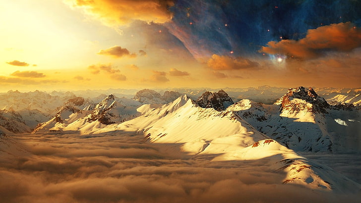 mountains, clouds, sunset, stars, sky, digital art, HD wallpaper