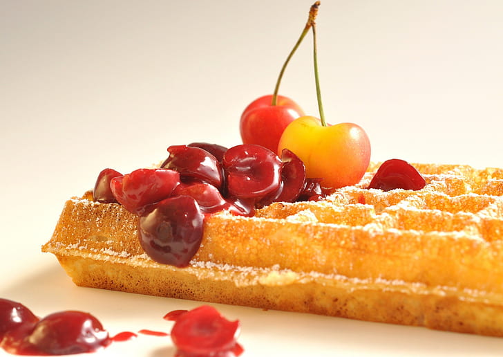 Food, Waffle, Breakfast, Cherry, Fruit, HD wallpaper