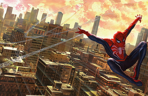 The Amazing Spider-Man digital tapet, Spider-Man, Marvel Comics, konstverk, New York City, stadsbild, Spider-Man (2018), HD tapet HD wallpaper