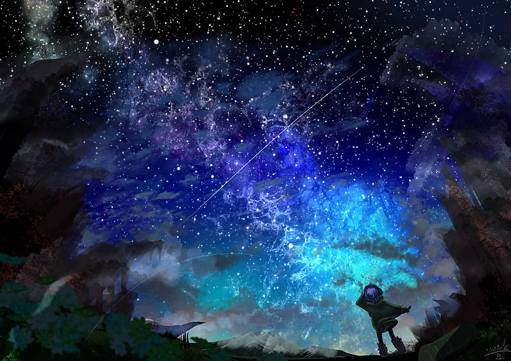 Nacht, lila Haare, kurze Haare, Himmel, Sterne, HD-Hintergrundbild