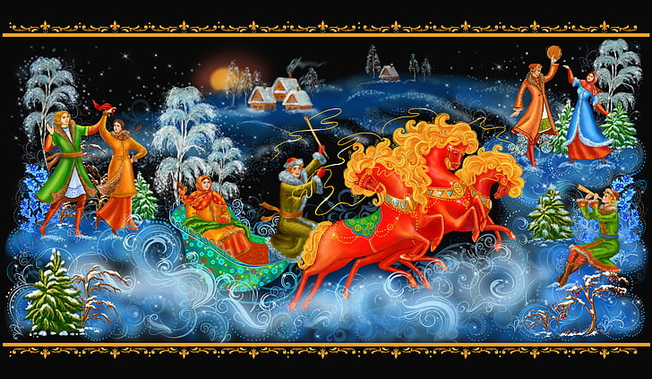 Hindu Deity painting, Christmas, New year, dancing, sleigh, three, painting, Palekh miniature, Palekh, HD wallpaper