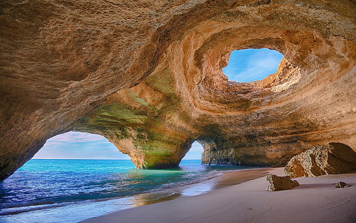 валун и водоем, Португалия, пещера, пляж, скалы, песок, море, вода, эрозия, природа, пейзаж, Алгарве (Португалия), HD обои