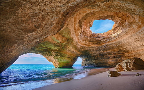 岩と水域、ポルトガル、洞窟、ビーチ、岩、砂、海、水、浸食、自然、風景、アルガルヴェ（ポルトガル）、 HDデスクトップの壁紙 HD wallpaper