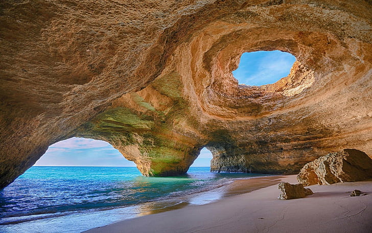 sand, sea, rock, landscape, Algarve (Portugal), erosion, Portugal, water, cave, nature, beach, HD wallpaper