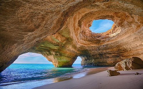песок, море, скалы, пейзаж, Алгарве (Португалия), эрозия, Португалия, вода, пещера, природа, пляж, HD обои HD wallpaper