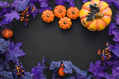 Wesołego Halloween !, jesień, fioletowy, pomarańczowy, halloween, dynia, czarny, kartka, liść, Tapety HD HD wallpaper