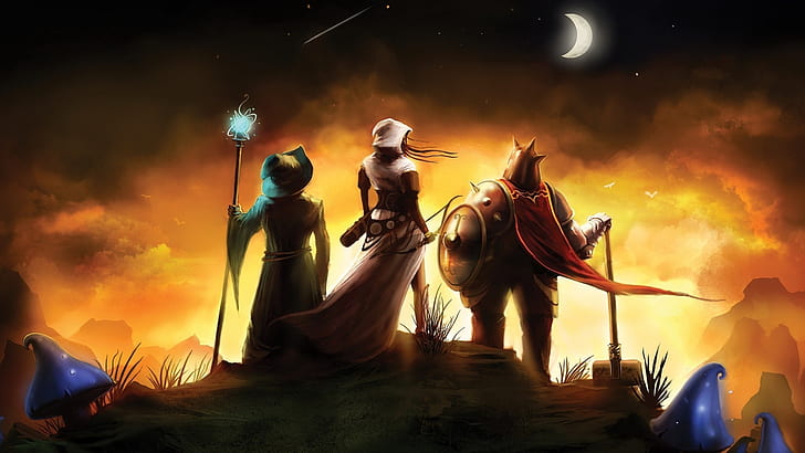 Trine Wizard Warrior HD, wizard knight and archer illustration, fantasy, warrior, wizard, trine, HD wallpaper