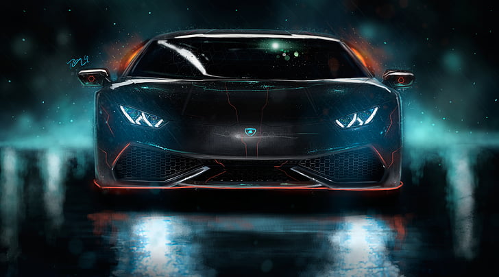 sfondo nero Lamborgini, Lamborghini Huracan, CGI, Personalizzato, Neon, Notte, HD, 4K, Sfondo HD